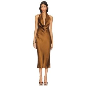 NEW Norma Kamali Halter New Drape Midi Dress Brown Woods Satin Slip Dress Size M